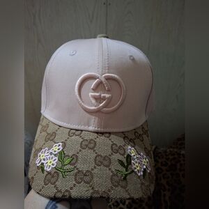 Gucci Blush Pink and Tan Floral Baseball Cap Embroidered